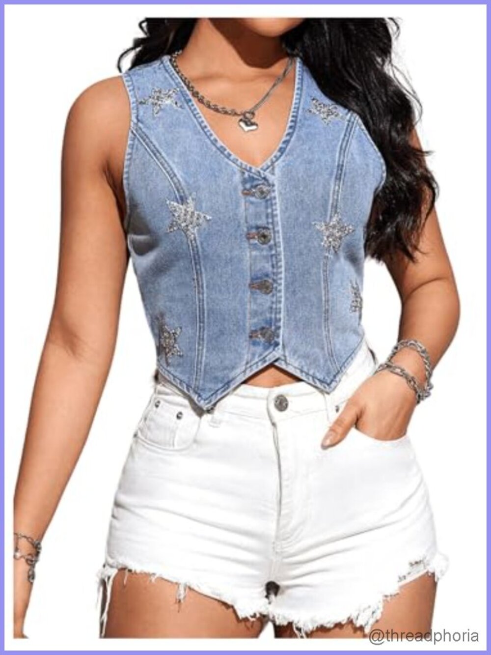 Women's Sleeveless Denim Vest Rhinestone Star Button Waistcoat